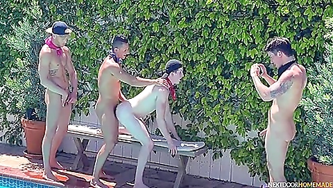 Teeny fucks and friend by the pool